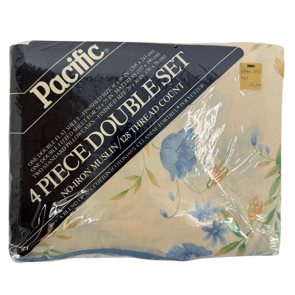 Vintage Pacific Spring Vine Floral Full Double Sheet Set 4 Pc NOS Sealed USA